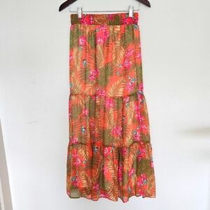 Versona Corral and Green Floral Tropical Print Tiered Maxi Skirt Resort Wear XS
